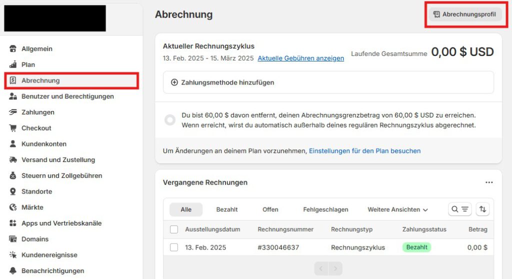 Abrechnungsprofil öffnen