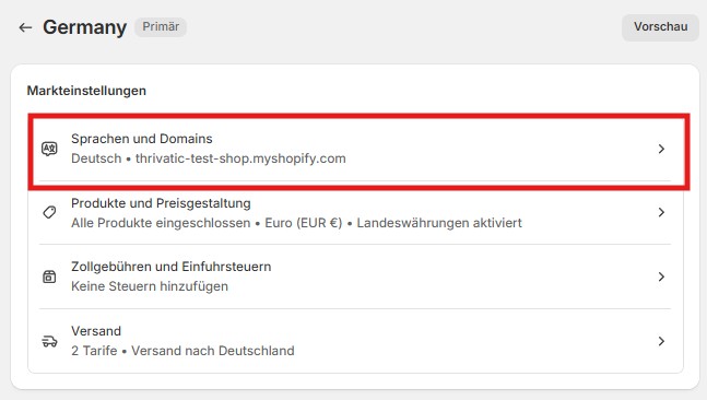 Deutsche Sprache im Markt hinterlegen.