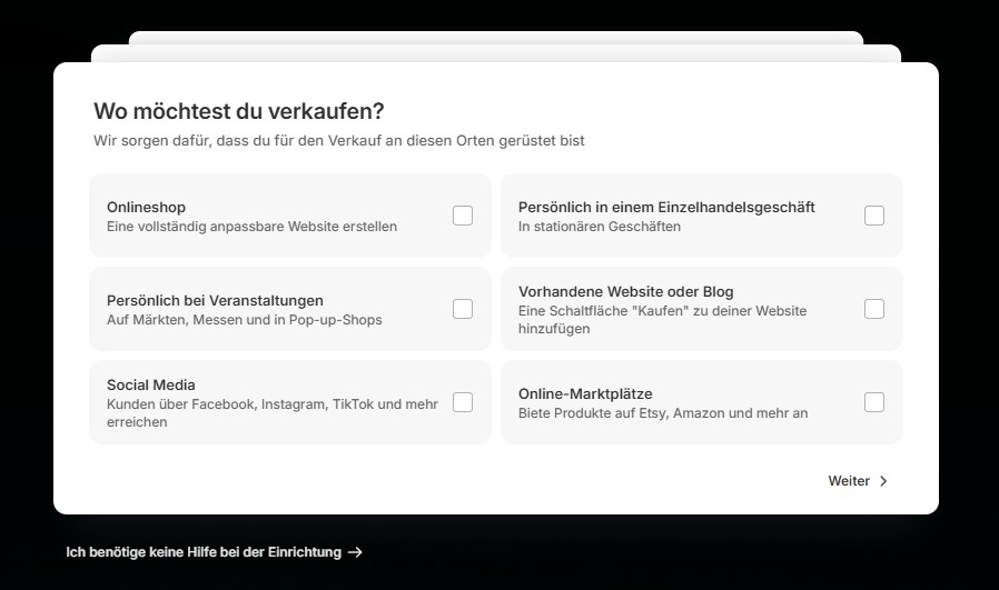 Fragenkatalog bei Shopify, wenn ein Konto eingerichtet wird.