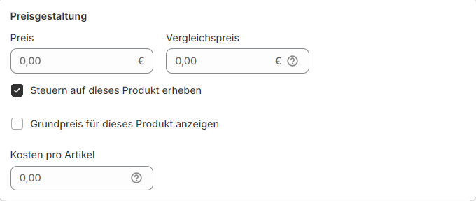 Preis hinterlegen in Shopify