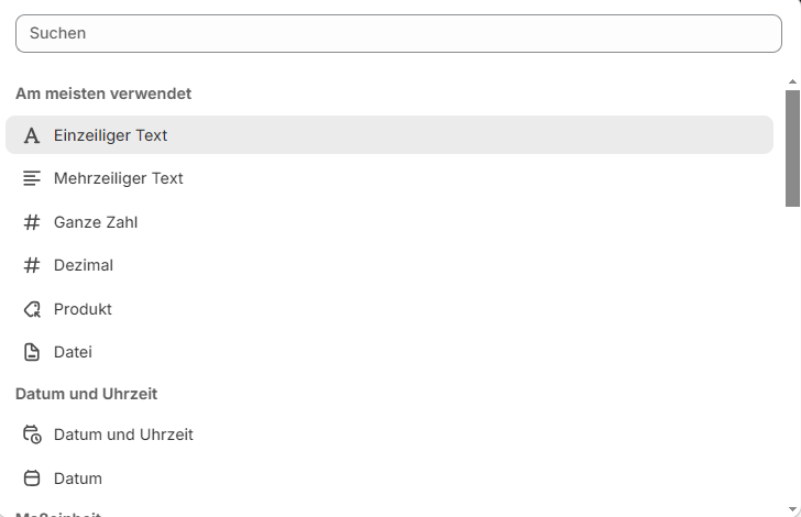 Metafeld Typen auswählen