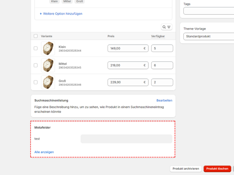 Metafelder Produkte pflegen