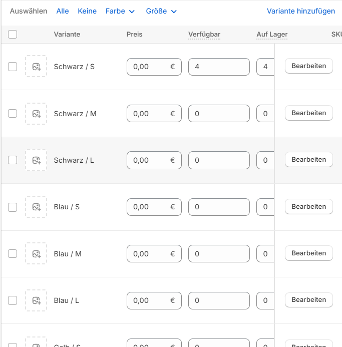 Varianten bearbeiten.